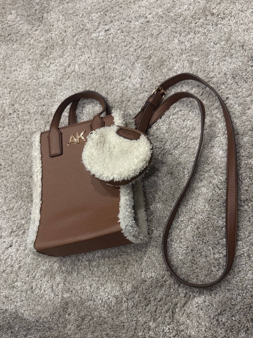 Anne Klein Brown & Cream Shearling Mini Crossbody Tote
